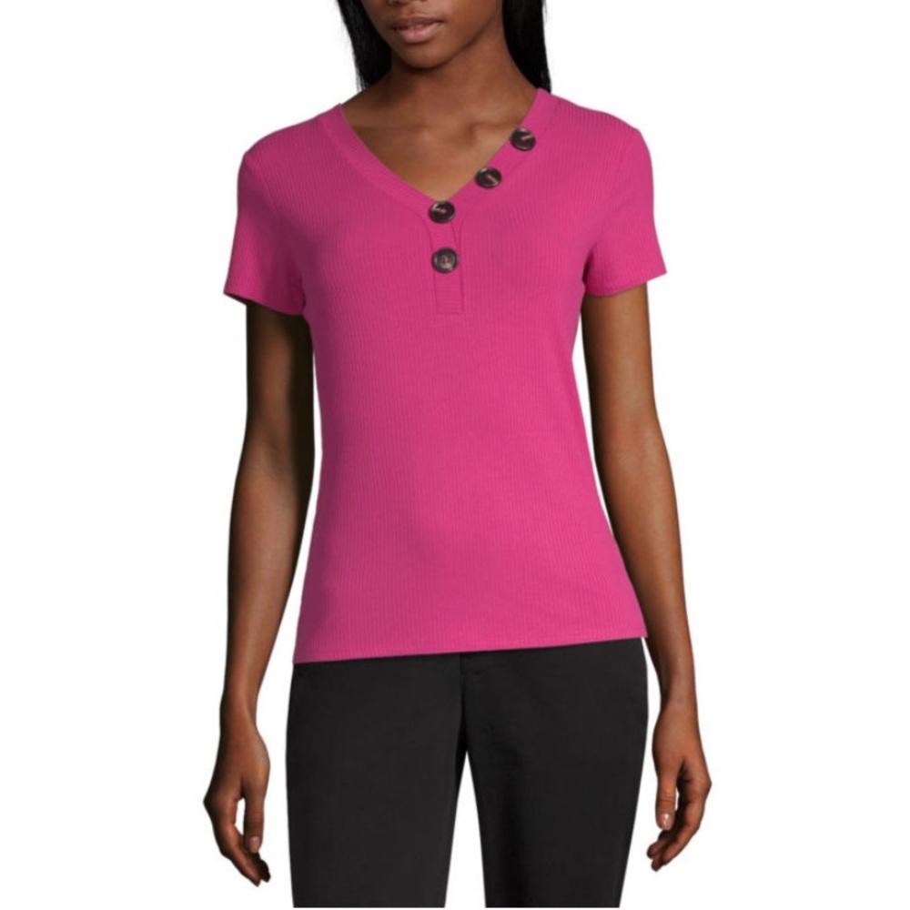NWT Worthington V-Neck S/S Henley Knit Blouse-Tall